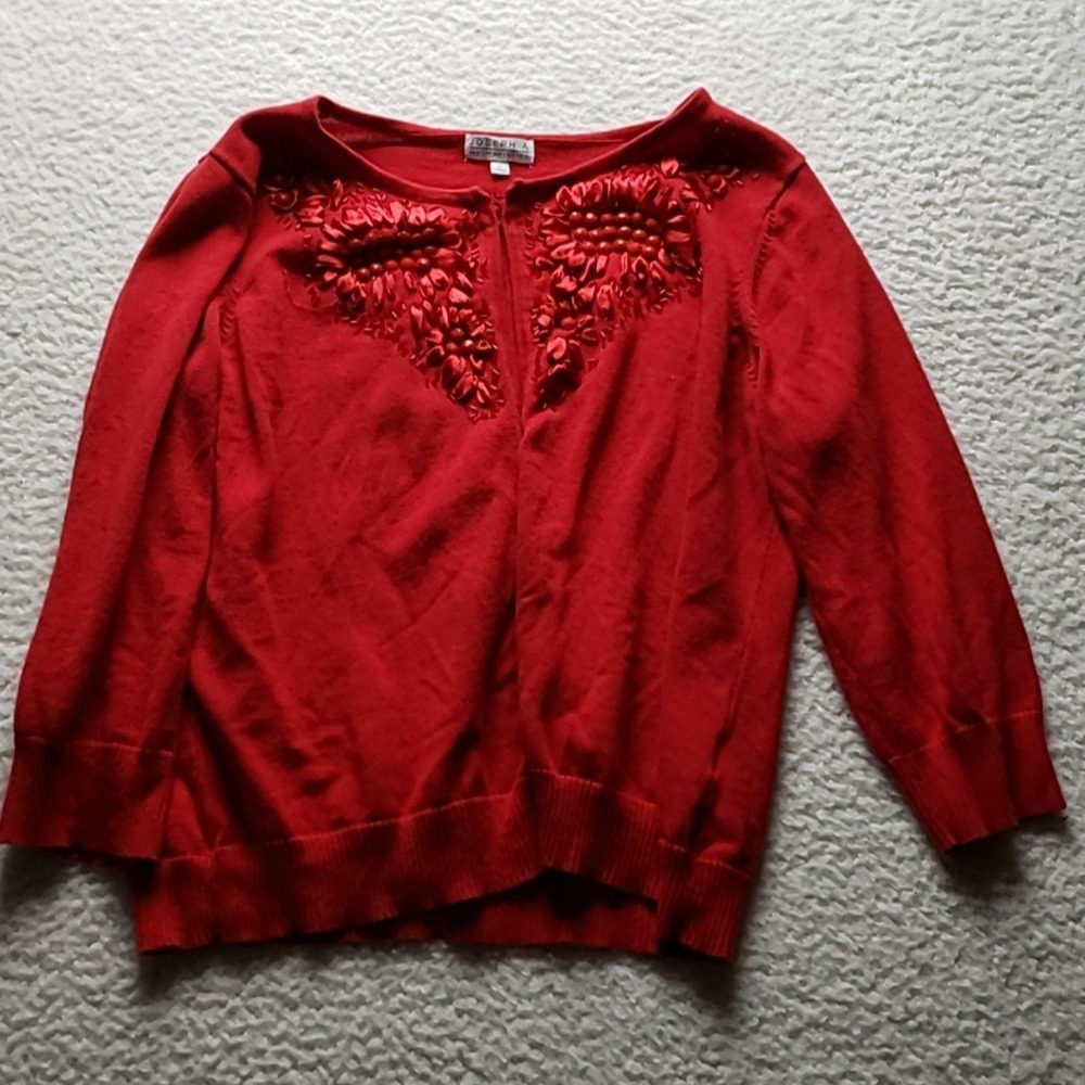 Joseph A. Cardigan Sweater Womens Large Red Beaded Embroidered Floral 3/4 Sleeve